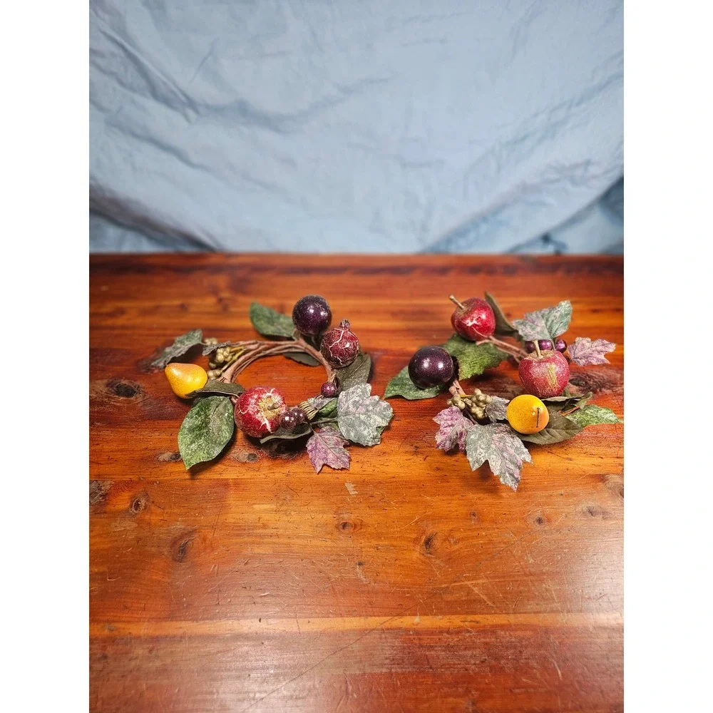 Vintage Fruit Candle Rings Set of 2 Grape Apple Pear Wreath Decor